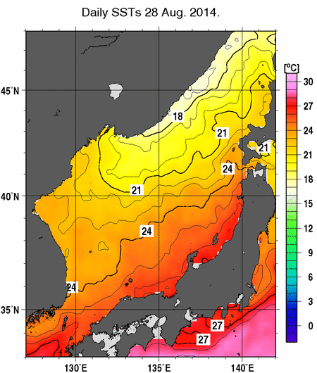 日本海の海面水温分布図（8月28日）