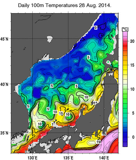 日本海の深さ100mの水温分布図（8月28日）