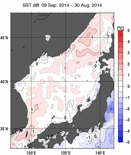 日本海の10日間の海面水温変化量分布図（9月9日）