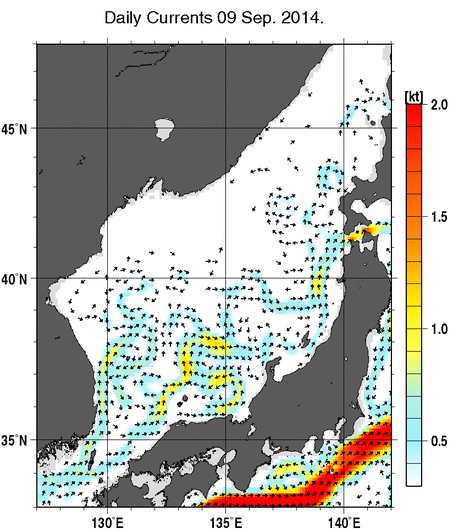 日本海の深さ50mの海流分布図（9月9日）