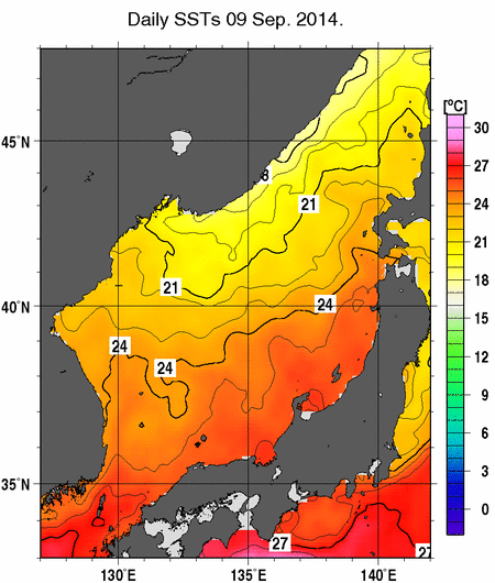 日本海の海面水温分布図（9月9日）