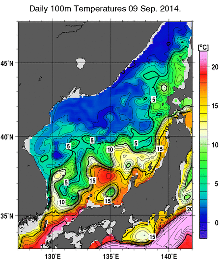 日本海の深さ100mの水温分布図（9月9日）