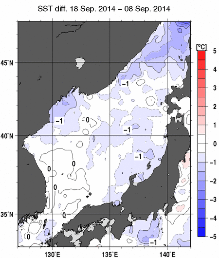 日本海の10日間の海面水温変化量分布図（9月18日）