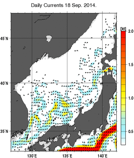 日本海の深さ50mの海流分布図（9月18日）