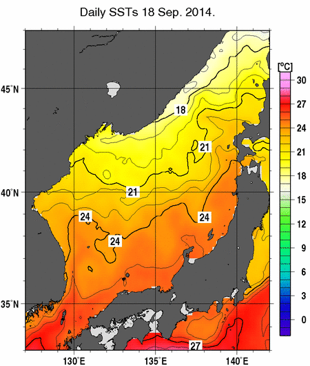 日本海の海面水温分布図（9月18日）