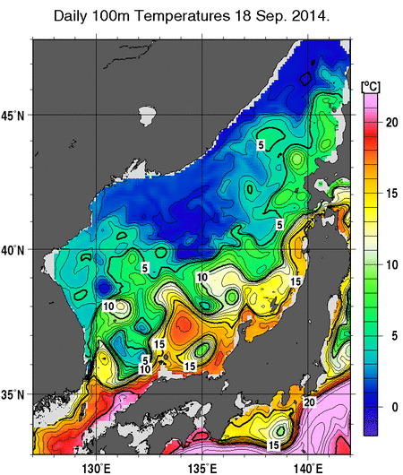 日本海の深さ100mの水温分布図（9月18日）