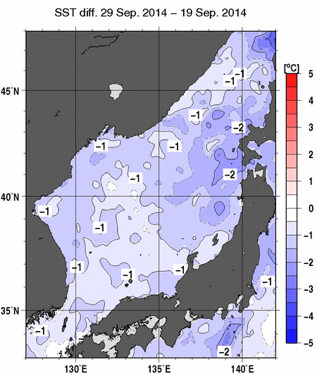 日本海の10日間の海面水温変化量分布図（9月29日）