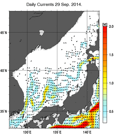 日本海の深さ50mの海流分布図（9月29日）