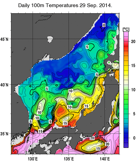 日本海の深さ100mの水温分布図（9月29日）