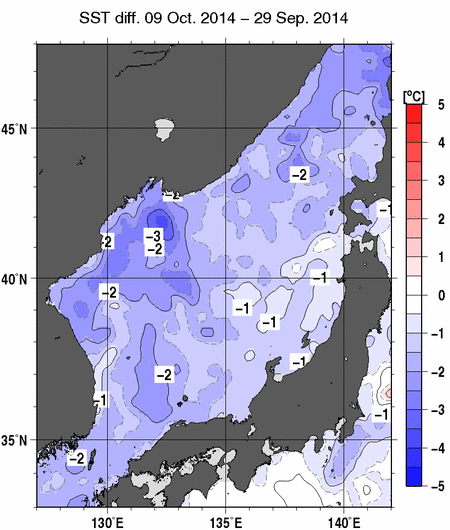 日本海の10日間の海面水温変化量分布図（10月9日）