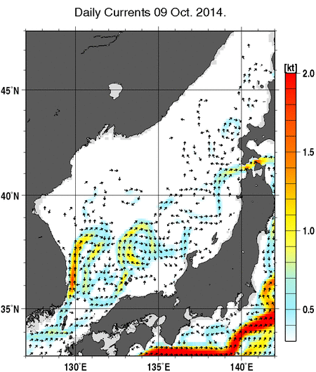 日本海の深さ50mの海流分布図（10月9日）