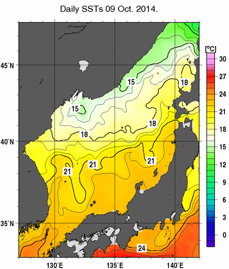 日本海の海面水温分布図（10月9日）