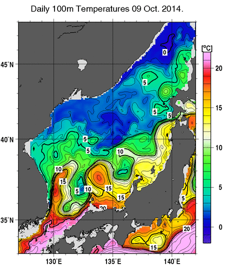 日本海の深さ100mの水温分布図（10月9日）