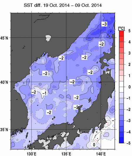 日本海の10日間の海面水温変化量分布図（10月19日）