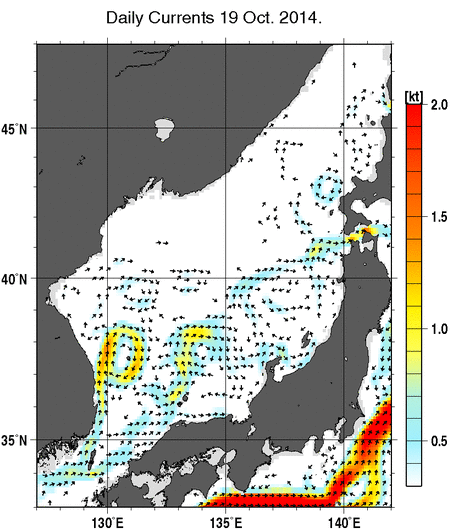 日本海の深さ50mの海流分布図（10月19日）