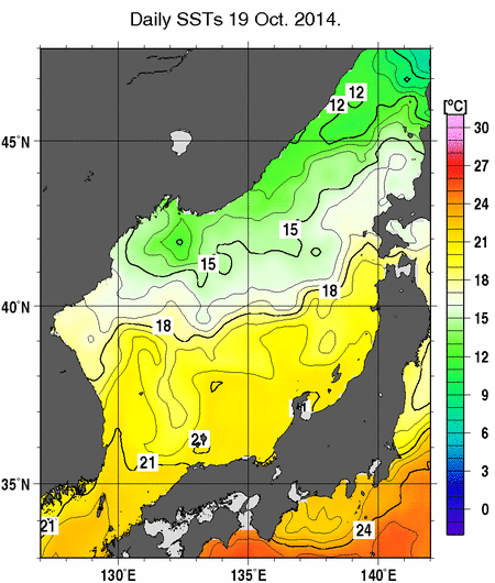 日本海の海面水温分布図（10月19日）