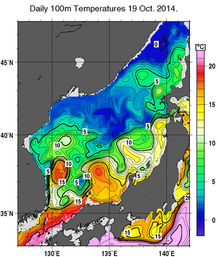 日本海の深さ100mの水温分布図（10月19日）