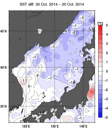 日本海の10日間の海面水温変化量分布図（10月30日）