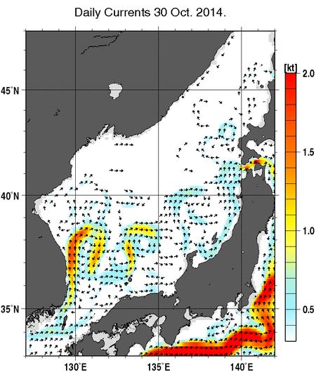 日本海の深さ50mの海流分布図（10月30日）