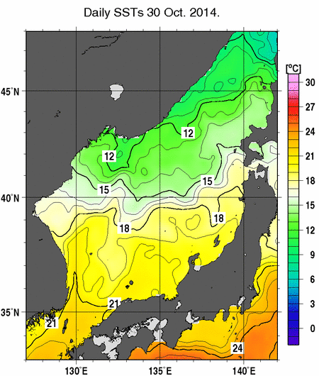 日本海の海面水温分布図（10月30日）