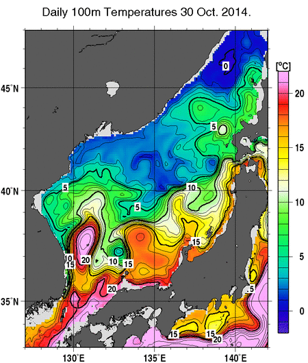 日本海の深さ100mの水温分布図（10月30日）