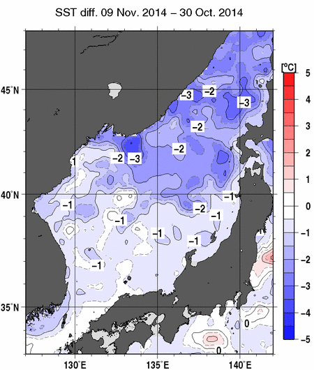 日本海の10日間の海面水温変化量分布図（11月9日）