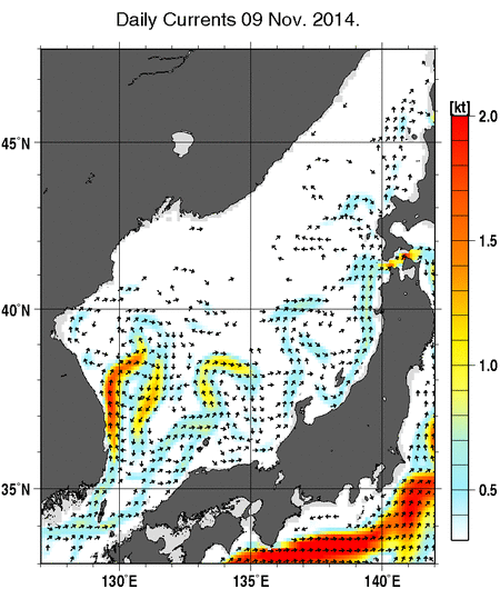 日本海の深さ50mの海流分布図（11月9日）