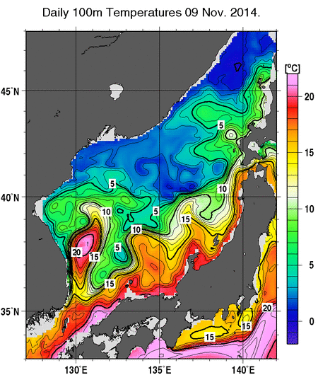 日本海の深さ100mの水温分布図（11月9日）