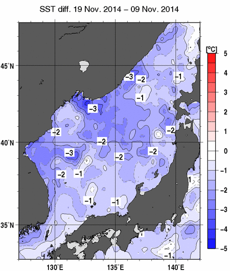 日本海の10日間の海面水温変化量分布図（11月19日）