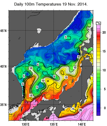 日本海の深さ100mの水温分布図（11月19日）