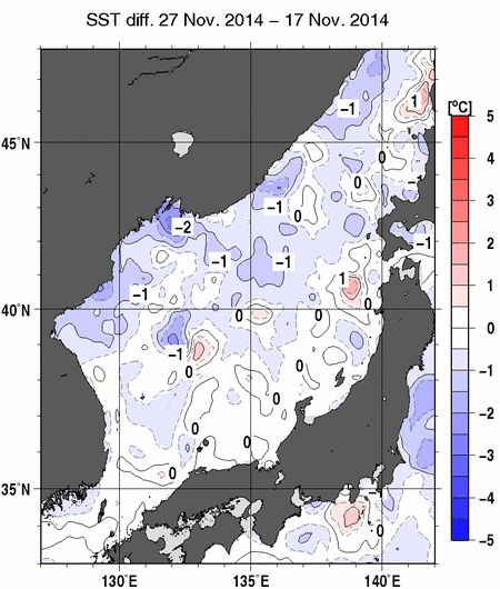 日本海の10日間の海面水温変化量分布図（11月27日）