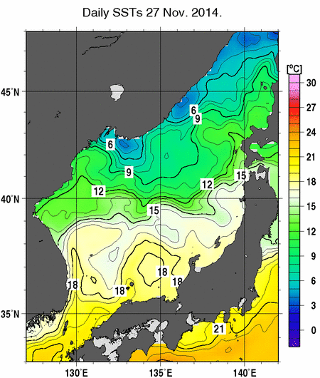 日本海の海面水温分布図（11月27日）