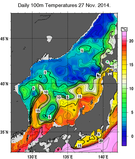 日本海の深さ100mの水温分布図（11月27日）