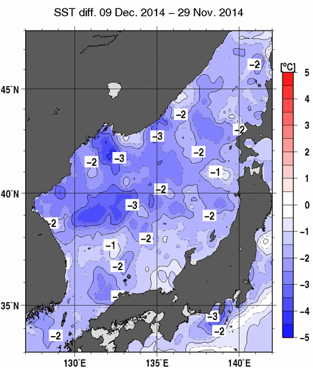 日本海の10日間の海面水温変化量分布図（12月9日）