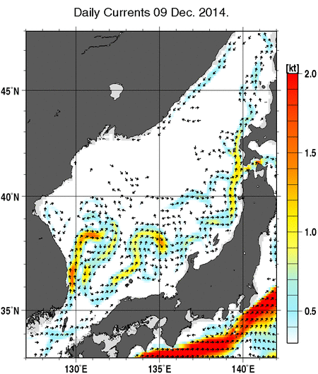 日本海の深さ50mの海流分布図（12月9日）