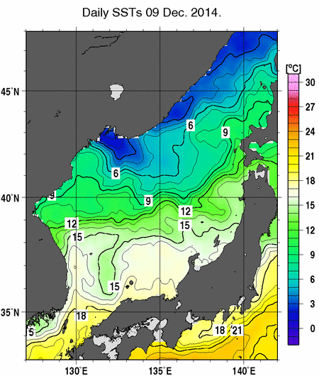 日本海の海面水温分布図（12月9日）