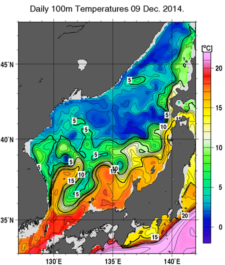 日本海の深さ100mの水温分布図（12月9日）