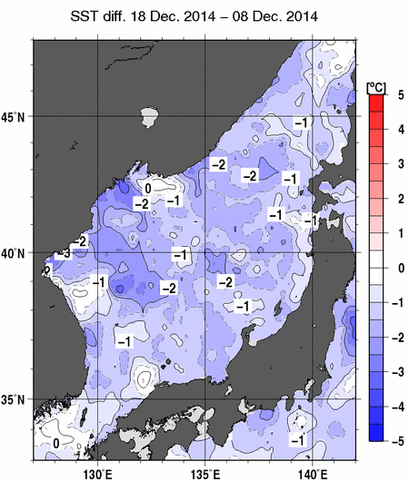 日本海の10日間の海面水温変化量分布図（12月18日）