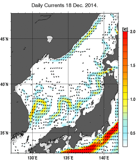 日本海の深さ50mの海流分布図（12月18日）