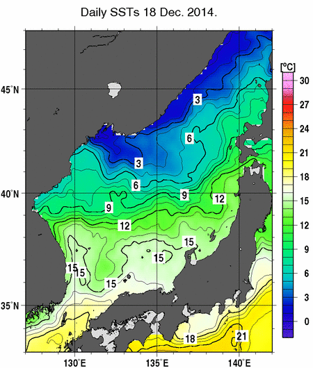 日本海の海面水温分布図（12月18日）