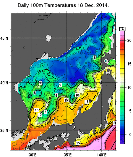 日本海の深さ100mの水温分布図（12月18日）