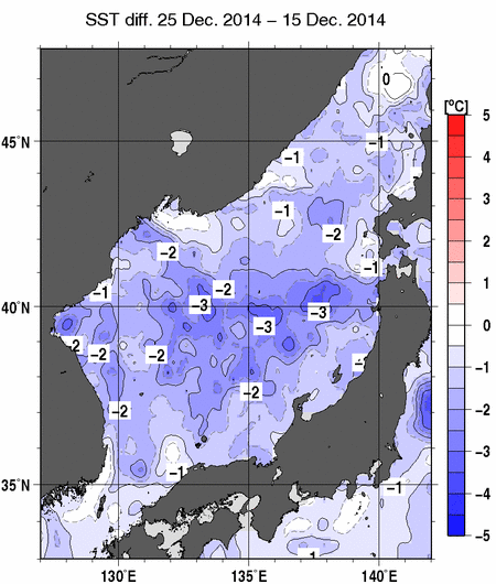 日本海の10日間の海面水温変化量分布図（12月25日）