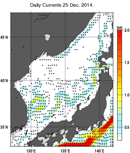 日本海の深さ50mの海流分布図（12月25日）