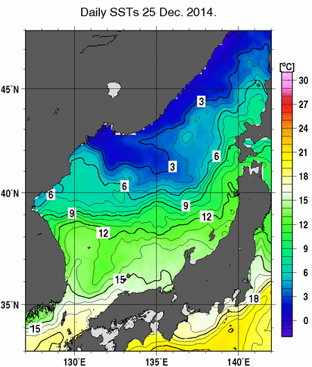 日本海の海面水温分布図（12月25日）