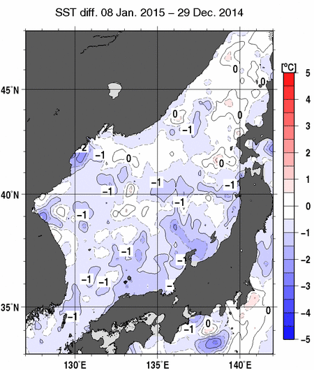 日本海の10日間の海面水温変化量分布図（1月8日）