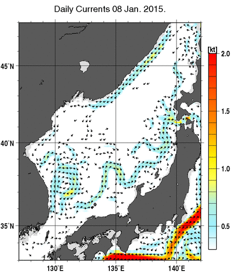 日本海の深さ50mの海流分布図（1月8日）