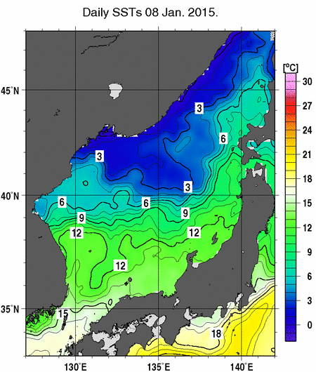 日本海の海面水温分布図（1月8日）