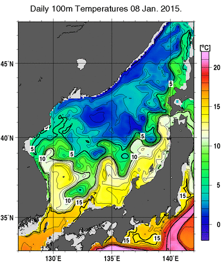 日本海の深さ100mの水温分布図（1月8日）