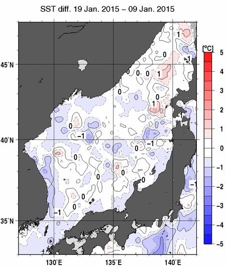 日本海の10日間の海面水温変化量分布図（1月19日）