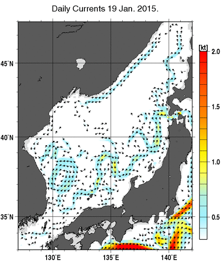 日本海の深さ50mの海流分布図（1月19日）